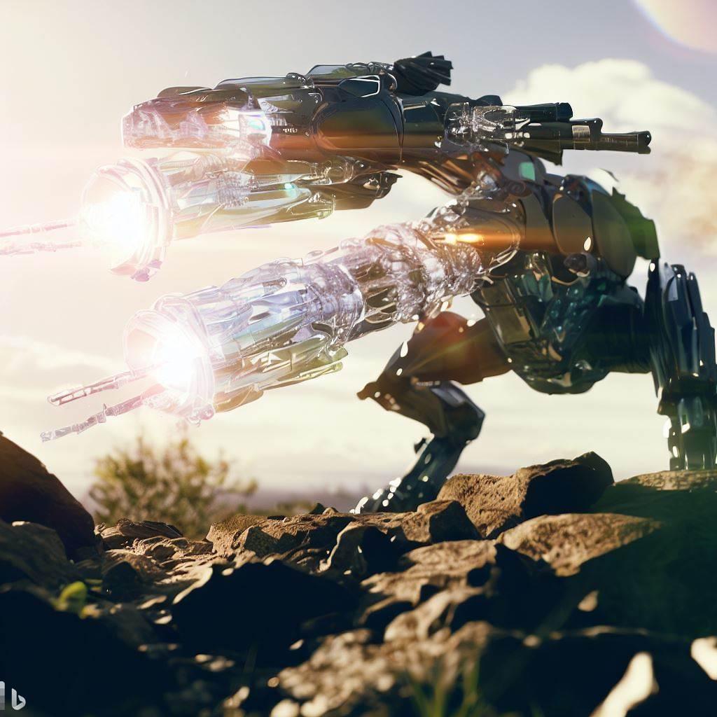 future mech dinosaur with glass body firing guns in wild, rocks in foreground, lens flare, 35mm, realistic 1.jpg